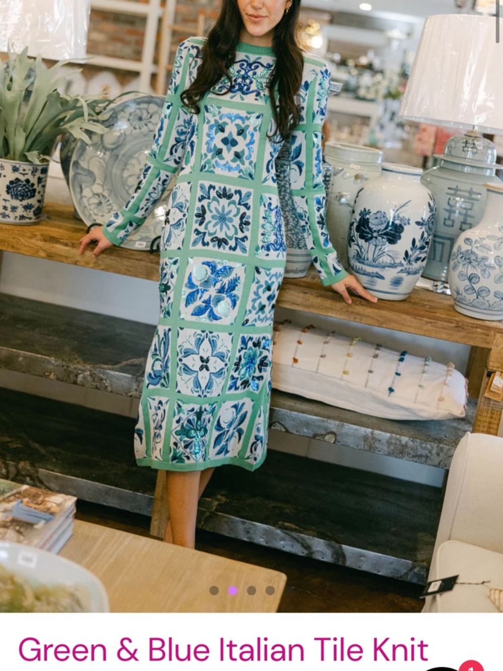 QUEEN OF SPARKLES Green and Blue Tile-Print Midi Dress